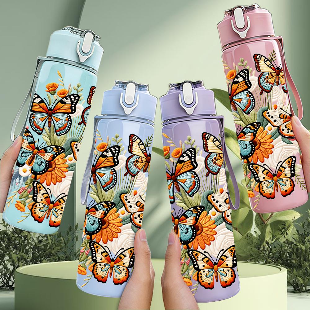 1PC Vintage Butterfly Bouquet 750ml Color Plastic Sports Water Bottle Leakproof Flip Straw Lid Suitable for Sports Office Home Use