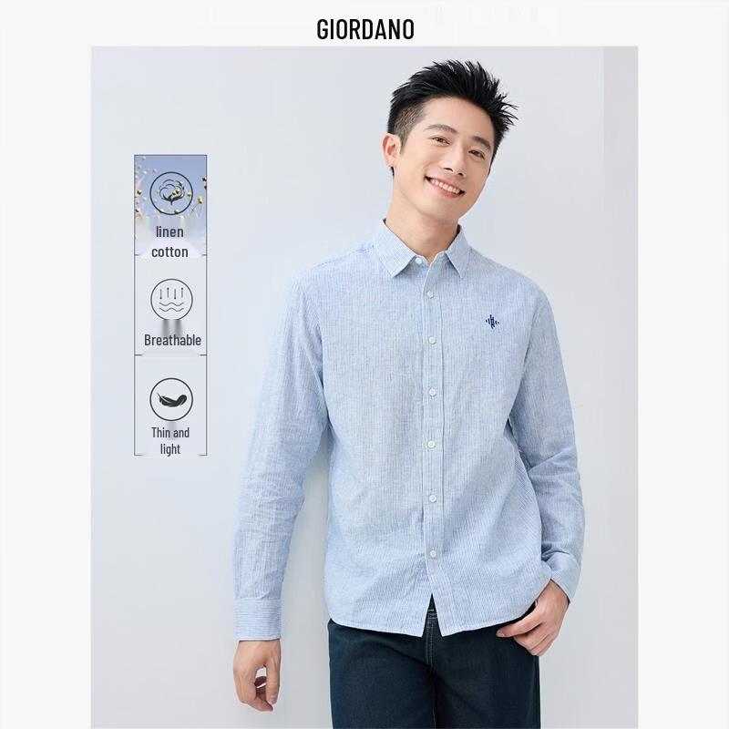 Giordano Men s Embroidered Cotton Linen Long-Sleeve Shirt M