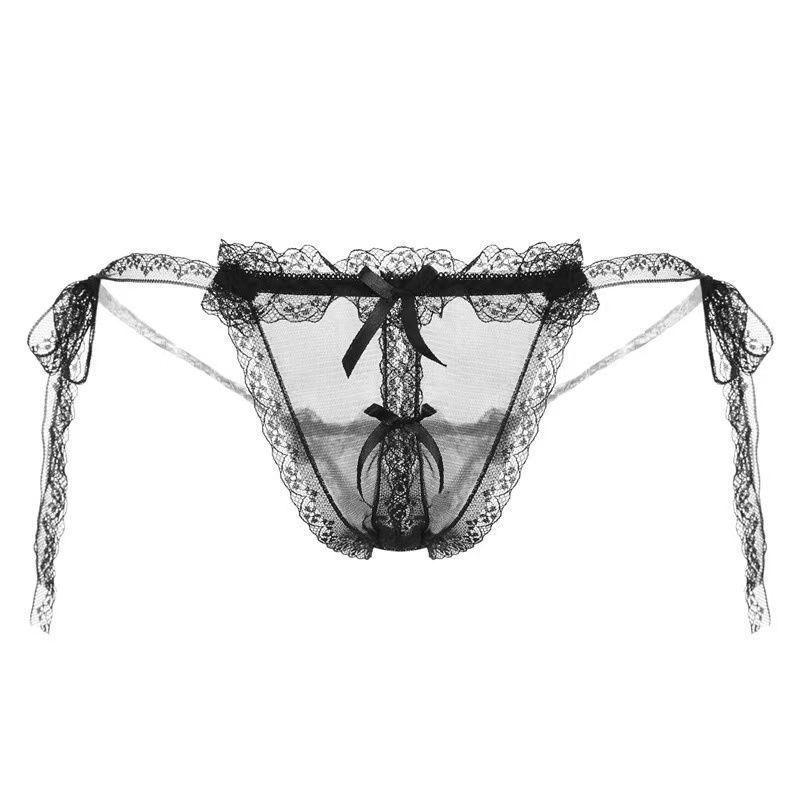 Sexy transparenter Spitzen-String mit offenem Schritt und seitlicher Schleife zum Binden