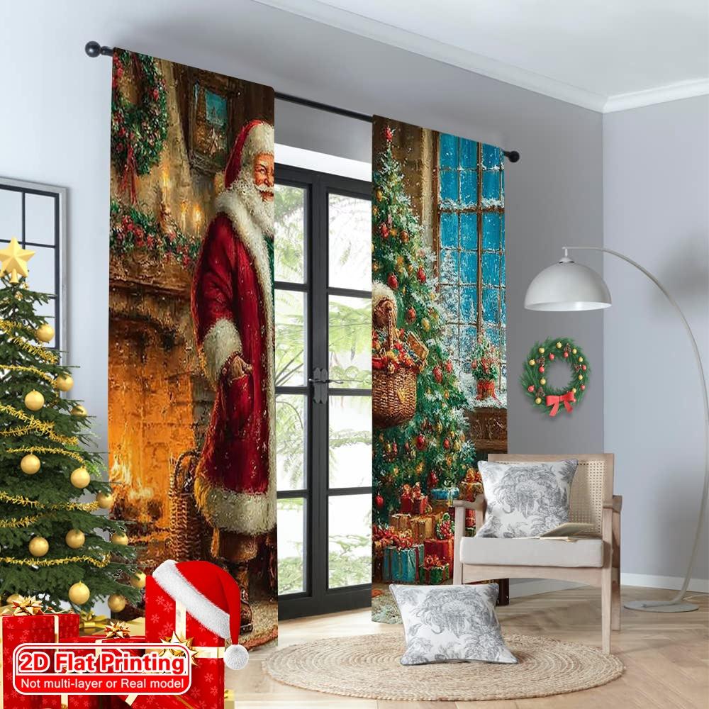 2pcs 2D Flat Printing Merry Christmas Curtains Christmas Joy Machine Washable Fabric Without Electricity Spring Party & Holiday