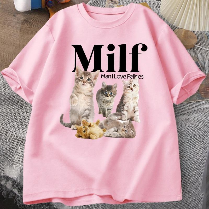 MILF Unisex Amo i Felini Cottagecore Gatti Maglietta per Donne Unisex Amante dei Gatti T-shirt Divertente con Cuccioli Stampati Larga Streetwear