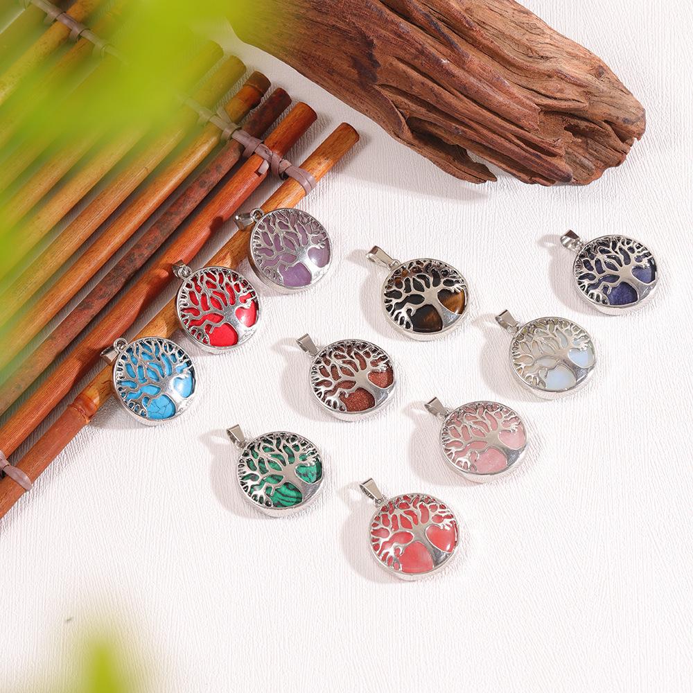 Cross Hollow Life Tree Pendant: Natural Crystal Agate Money Tree Necklace, Natural Stone Round Wishing Tree Pendant.
