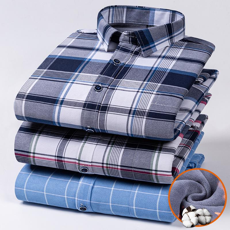 Men's Long Sleeve Cotton Plaid Shirt with Velvet Lining