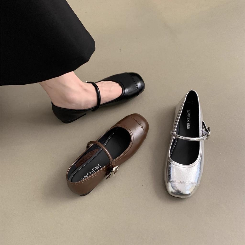 Square Head Light Mouth Versatile Flat Silver Mary Jane Single Shoes Women's 2025 New Summer French with Skirt Small Leather Shoes