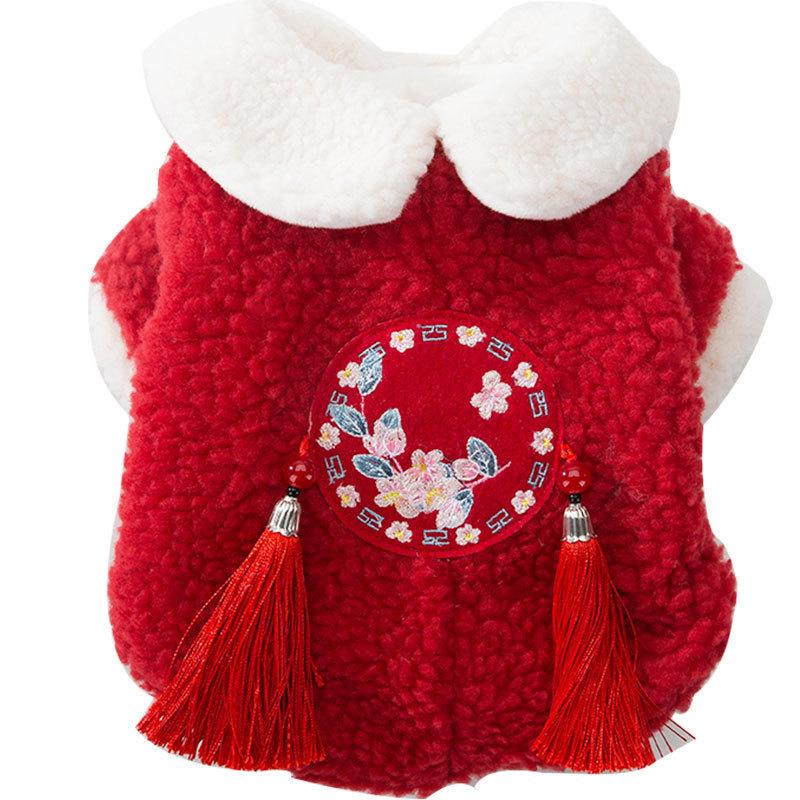 Dog autumn and winter lamb wool thickened Tang suit teddy two-legged cotton-padded coat Chinese New Year festive cat warm pet clothes