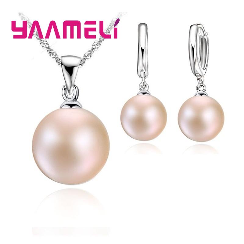 925 Silver Pearl Necklace and Hoop Earrings Set for Women Wedding Jewelry