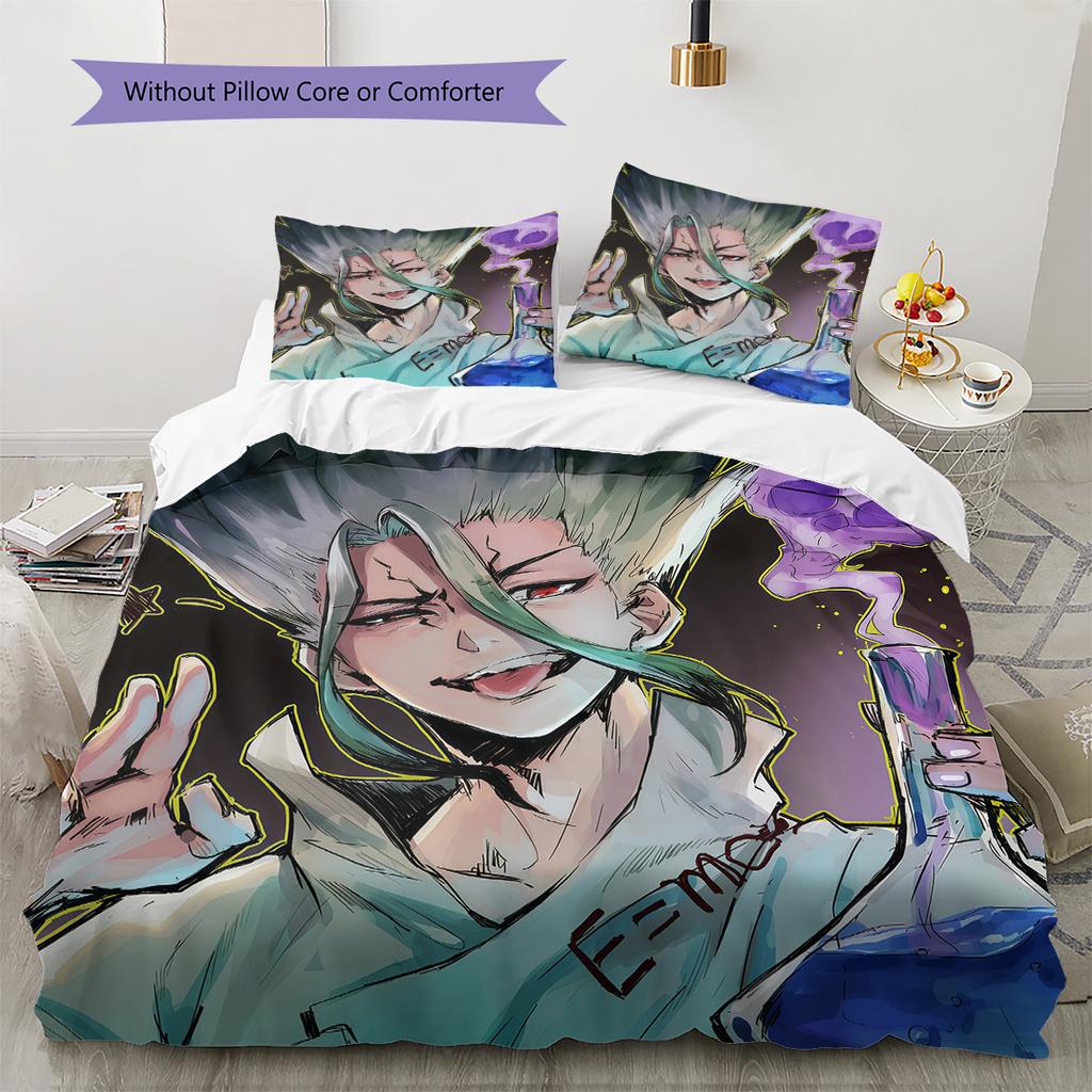 Dr STONE Pattern Bedding,Quilt Set Quilt Cover Pillowcase Home Birthday Gift (1 * Duvet Cover + 2 * Pillowcase, Without Core)