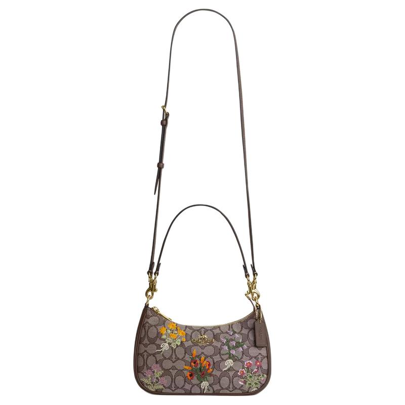Coach Shoulder Bag Teri 25 Floral Embroidered Zip Closure Detachable Top Hand Strap Signature Jacquard and Smooth Leather Medium Women's Oak