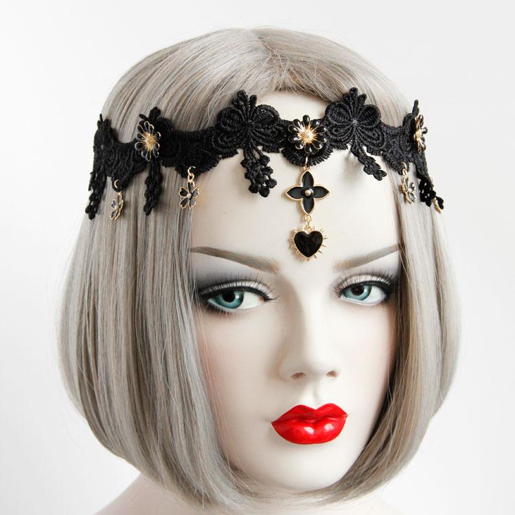 Beads Black Hairbands For Women Girls Neo-Gothic Flower Lace Tiara Headdress Female Halloween Party Fashion Noble Jewelry