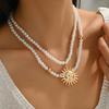 Vintage Golden-Toned Sun Pendant Pearl Necklace for Women Elegant Beads Chain Choker Neck Statement Party Jewelry Gifts