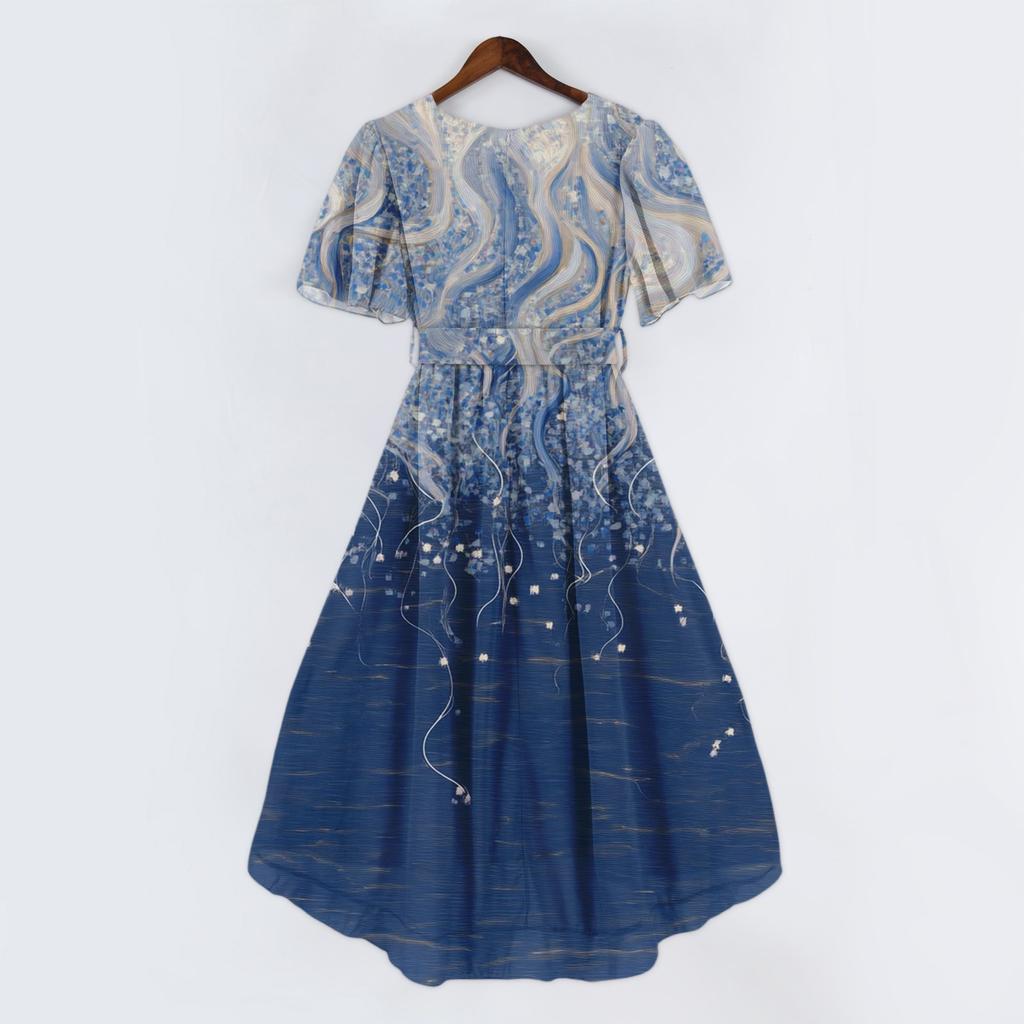 Women's Fashion Casual V Neck Short Sleeve Ruffled Vintage Printed Dresses