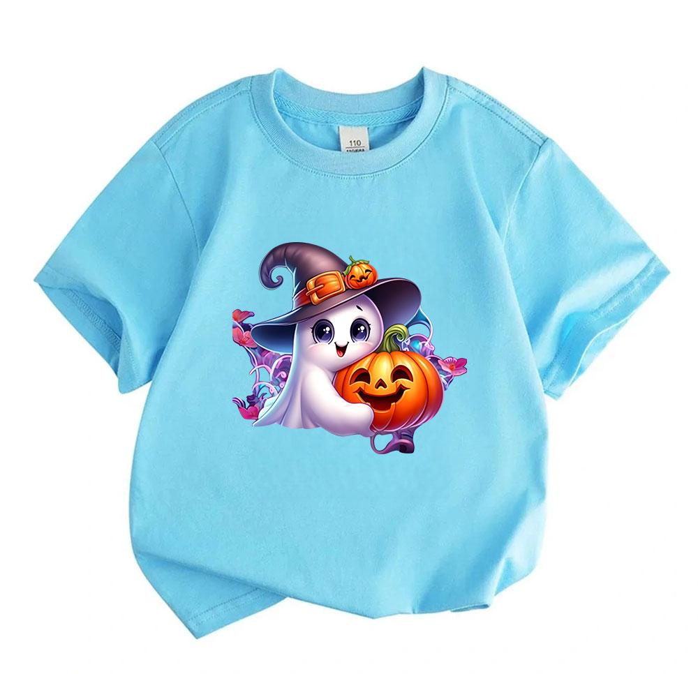 Kids Boys Girls 100% Cotton Crew Neck Short Sleeve T-Shirt, Cute Ghost Witch Hat Hug Smiling Pumpkin Print Casual Halloween Tee for Children