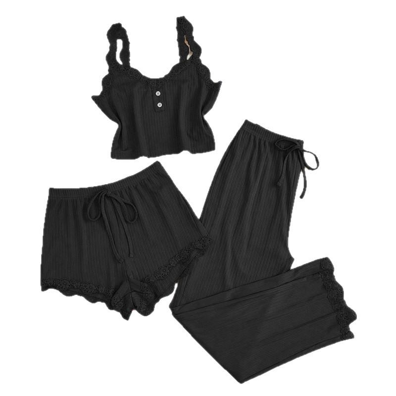 Summer Lace Trim Ribbed Tank Top & Long Pants Pajama Set - Women's Slim Fit Three-Piece