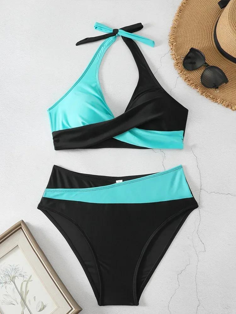 Sexy Backless Tight Bikinis 2 Piece Set Women Split Swimsuit High Waist Beach Style Block Bikinis 2025 New Summer Bikinis Set