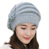 Luxurious Flower Decors Knitted Hat Rabbit Furs Brimless Cap Stretchy Design Pullover Hat For Cold Weather Outfit