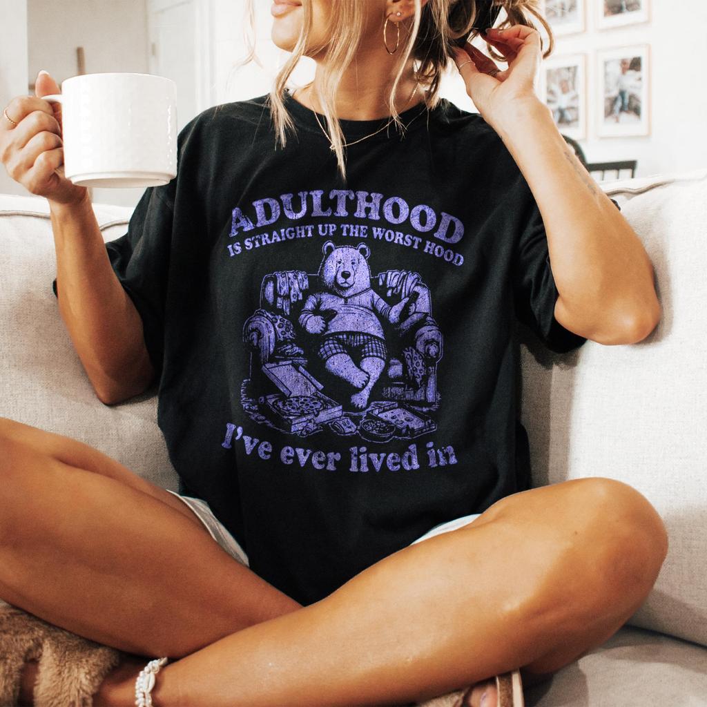 Adulthood Is The Worst Hood Vintage T Shirt Retro 90s Car Raccoon Shirt Trash Panda JDM Tee Funny Unisex Adult Graphic T Shirt