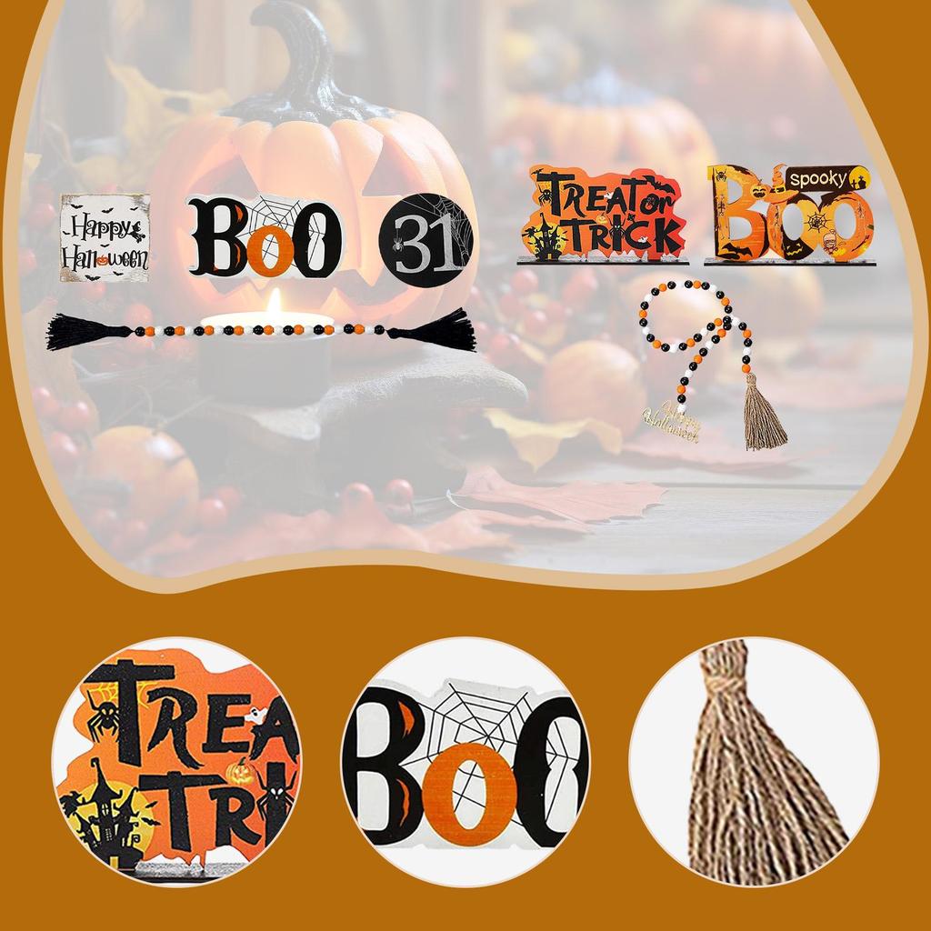 Halloween Tiered Tray Decor Bead Garland Creepy Ornament Spooky Rustic Halloween Decor Wooden Signs for House Showcase Shelf