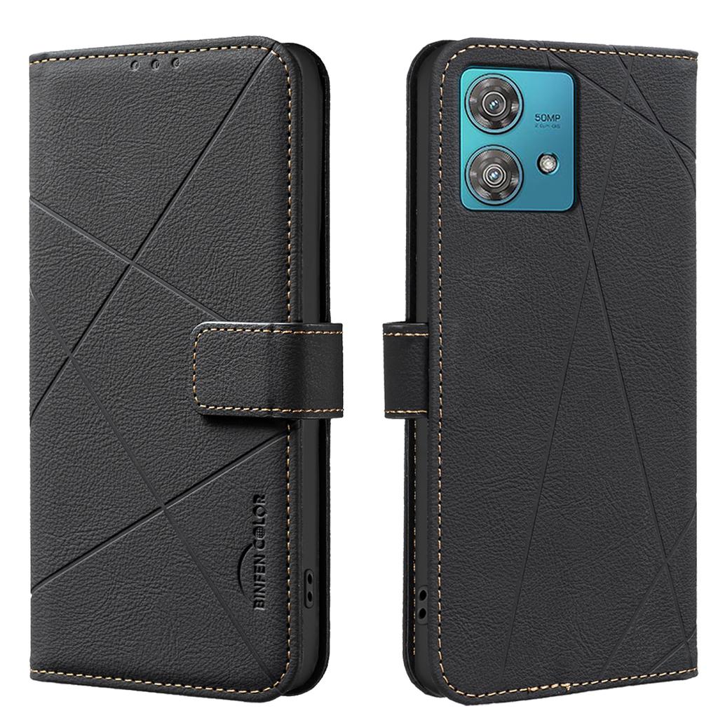 For Motorola Edge 40 Neo 5G Case BINFEN COLOR BF35 Geometry Imprinted Leather Phone Cover RFID Blocking Wallet Stand