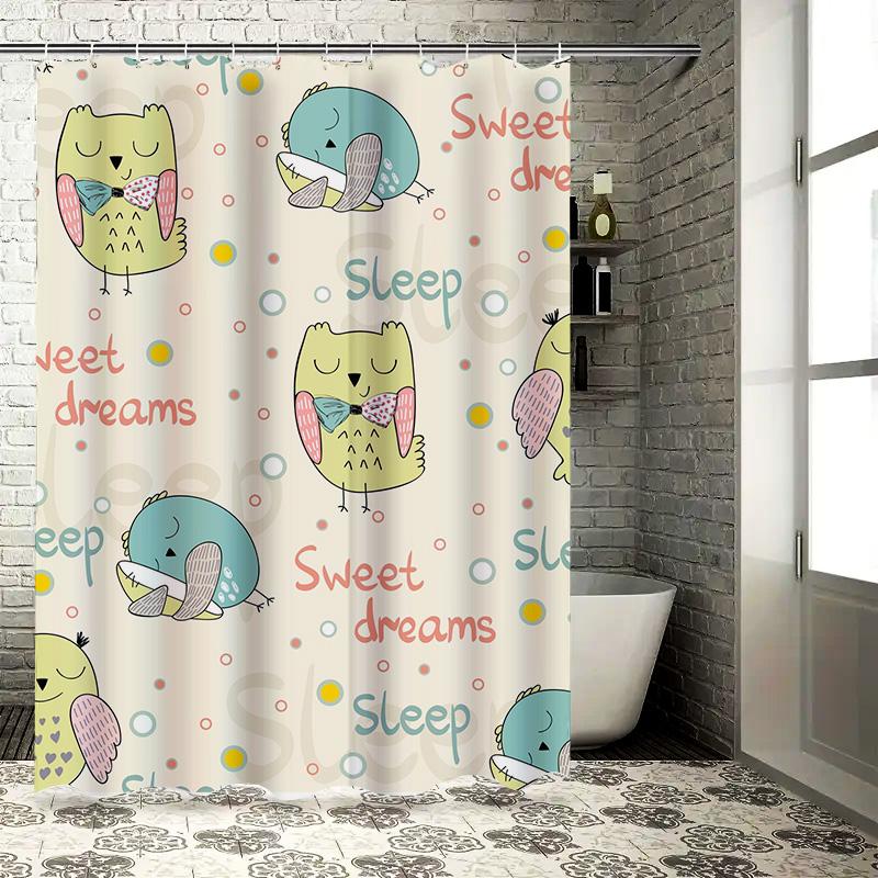 Colorful Owl Friends Shower Curtain Sweet Dreams Sleep Decor for Bathroom Polyester Fabric with Hooks Set 72x84in Modern Cartoon