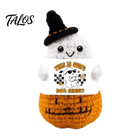 Hand Knitted Mental Health Support Halloween Ghost Ornament, Crochet Plush Doll with Mini Encouragement Card, Cute Desktop Decoration for Home Office