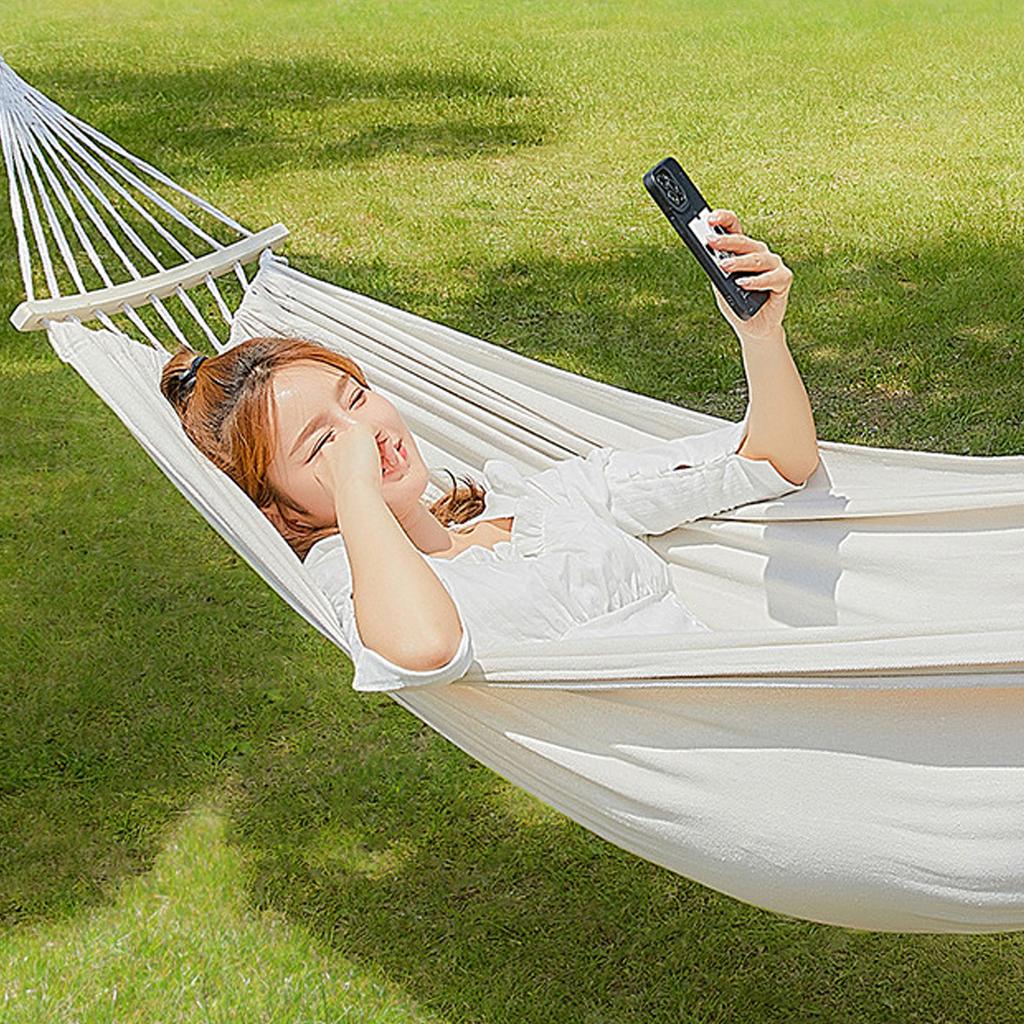 Hammock Swing Bed with Wood Bar, 2 Person Single Double Thickened Fabric Soft Canvas Portable Large Hanging Hammock