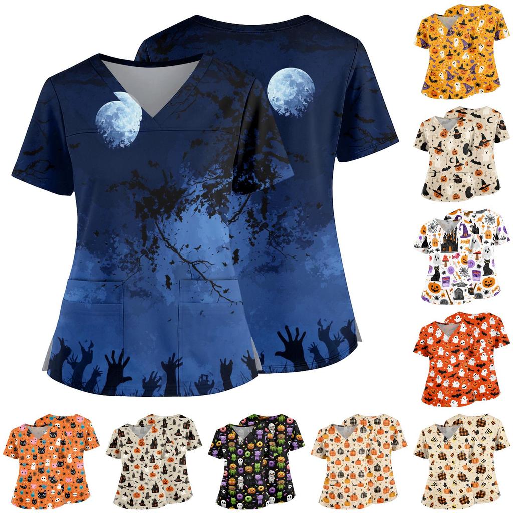 Womens V Neck Halloween Print Medical Scrub Top with Pockets Side Slits Short Sleeve Work Shirt for Healthcare Professionals