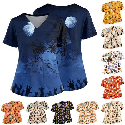 Womens V Neck Halloween Print Medical Scrub Top with Pockets Side Slits Short Sleeve Work Shirt for Healthcare Professionals
