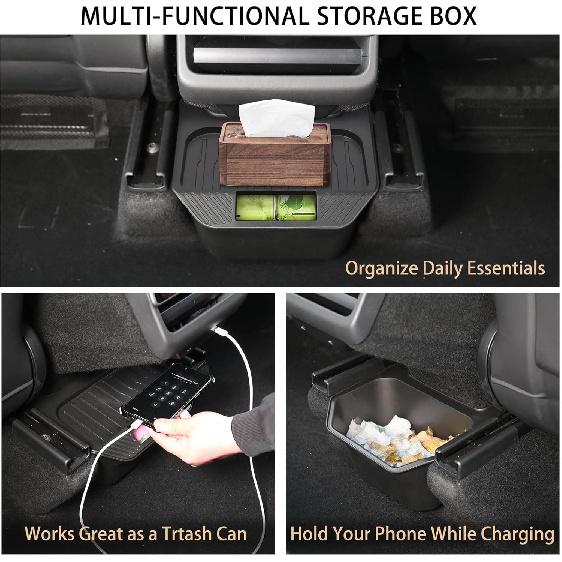 Rear Center Console Trash Can Garbage Bin For Tesla Model Y Juniper 2025 2026, Anti-Slip & Durable Under Seat Storage Box Organizer With Lid Cover