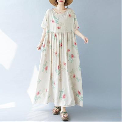 Short Sleeve Plus Size Cotton Vintage Floral New In Dresses for Women Casual Loose Long Summer Dress