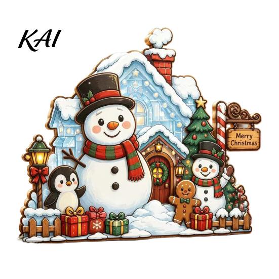 Rustic Winter Home Accents Christmas Wooden House Ornament, Santa Claus/Snowman/Elk Sleds/Winter Cabins Elk Sleigh Tabletop Decor Scene Figurines,