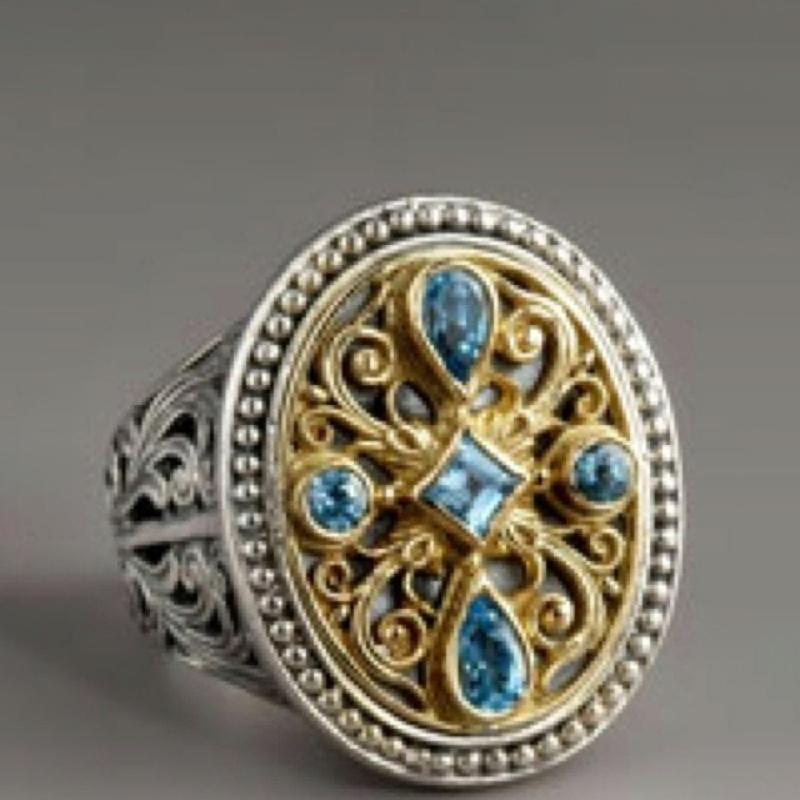 Ethnic Two Color Inlaid Blue CZ Women's Ring Vintage Hand Carving Geometry Daily Wear Party Jewelry Anniversary Gift