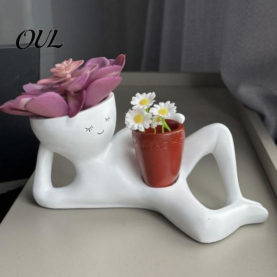 Fun Housewarming Gifts for Plant Lovers Funny Smiling Face Planter, Lying Down Lazy Guy Pot with Drainage Playful Planter Small Plants Holes,