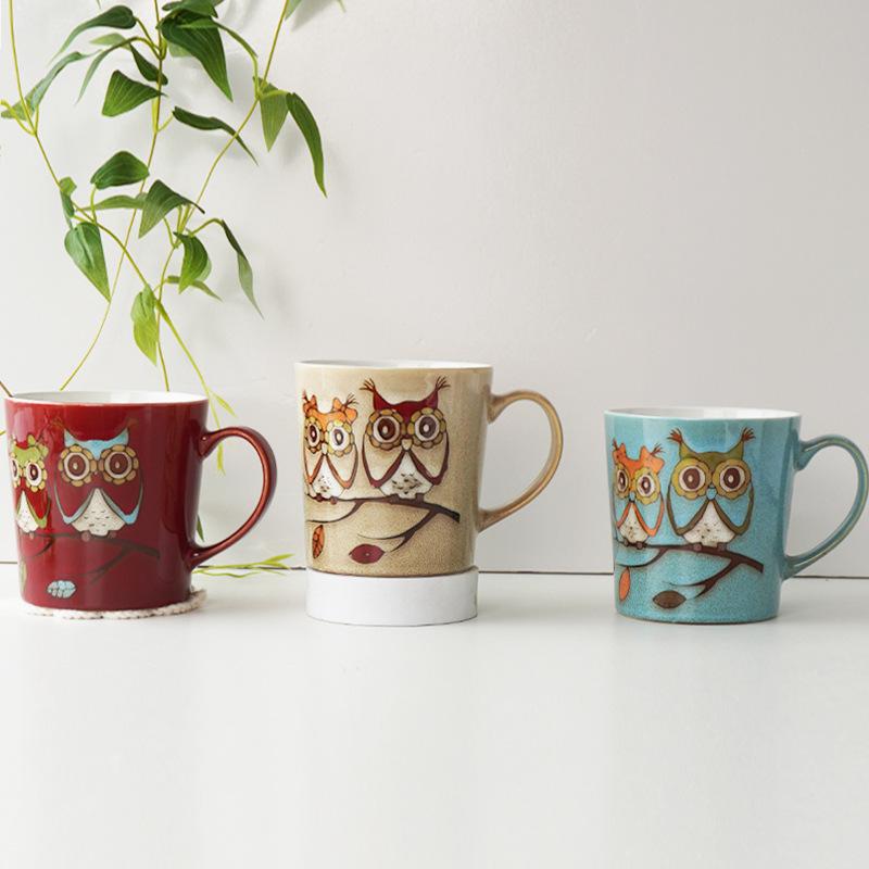 Vintage Owl Ceramic Mug Large Capacity V Shape Coffee Cup Ins Style Forest Theme