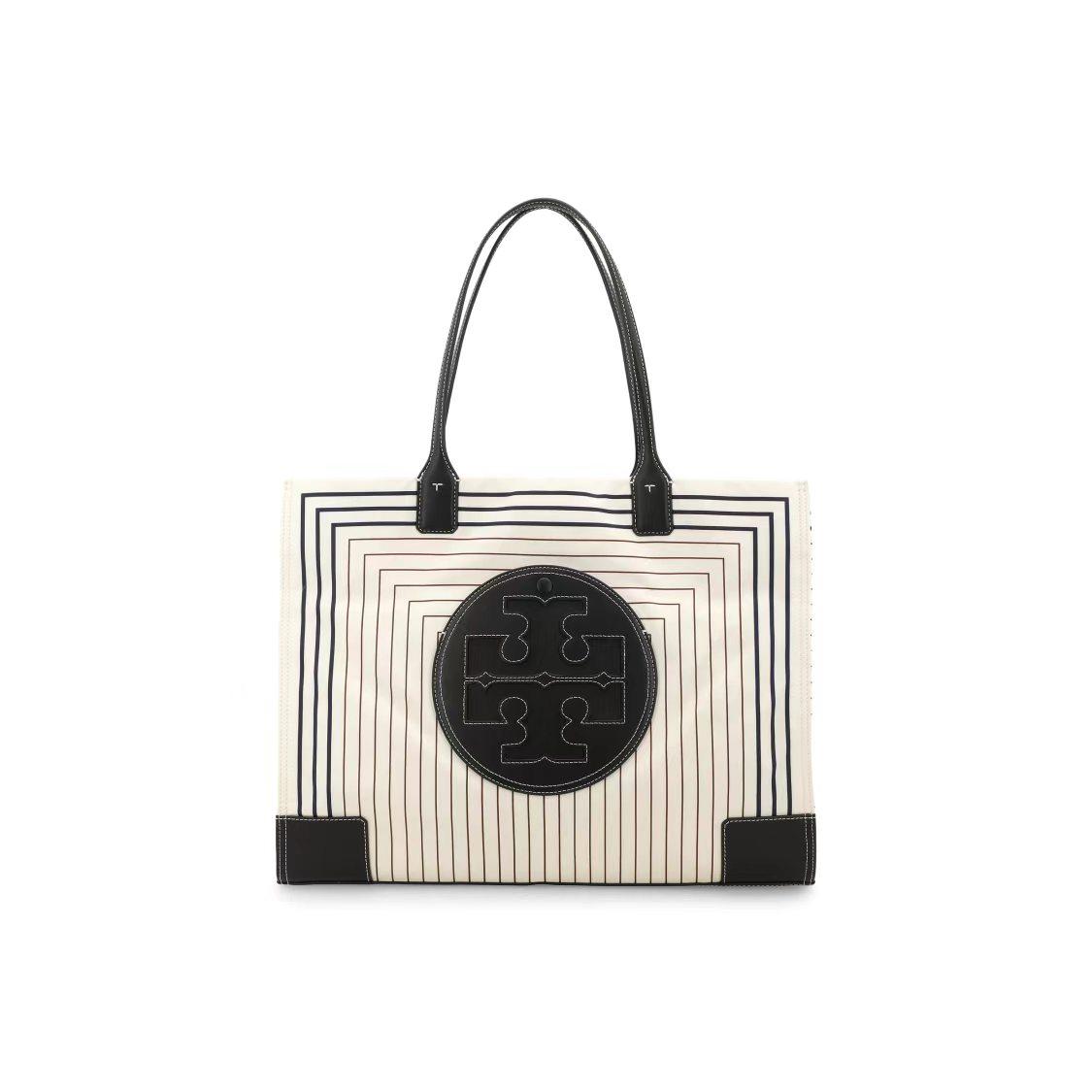 

Tory Burch Ella Striped Print Double T Logo Large Capacity Fabric And Leather Tote Bag Women Tote White 88237-250 Basic Set (Bag+Dust Bag)