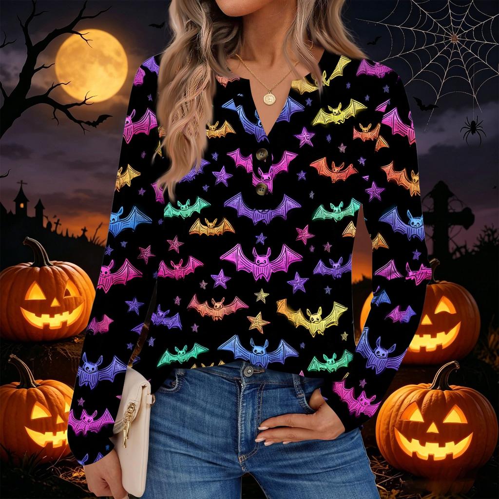 Women's Halloween Print Long Sleeve Shirt Casual Blouse