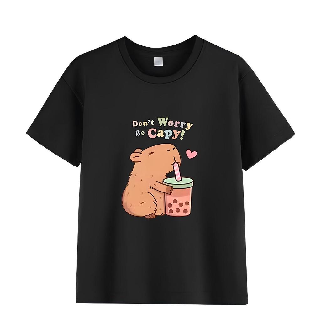 Capybara Kids Summer Cartoon Print T-Shirt 100% Cotton Short Sleeve Crewneck Casual Top for Girls Fashion Tees
