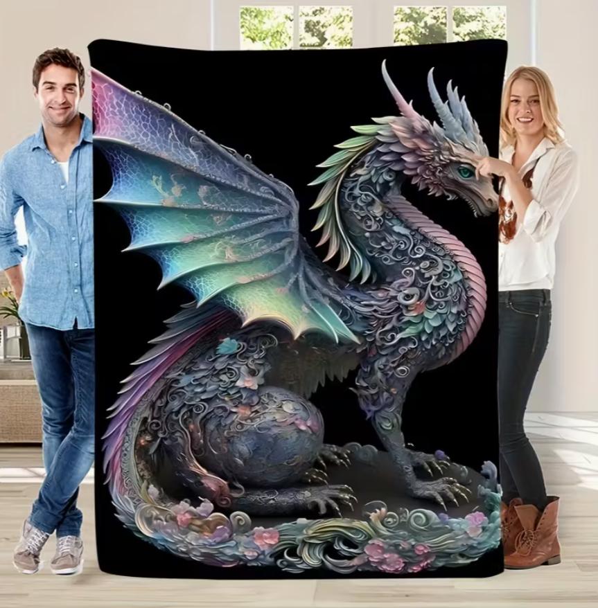 All-Season Colorful Dragon Print Flannel Blanket Comfortable Warm Soft Throw for Outdoor Travel Blankets