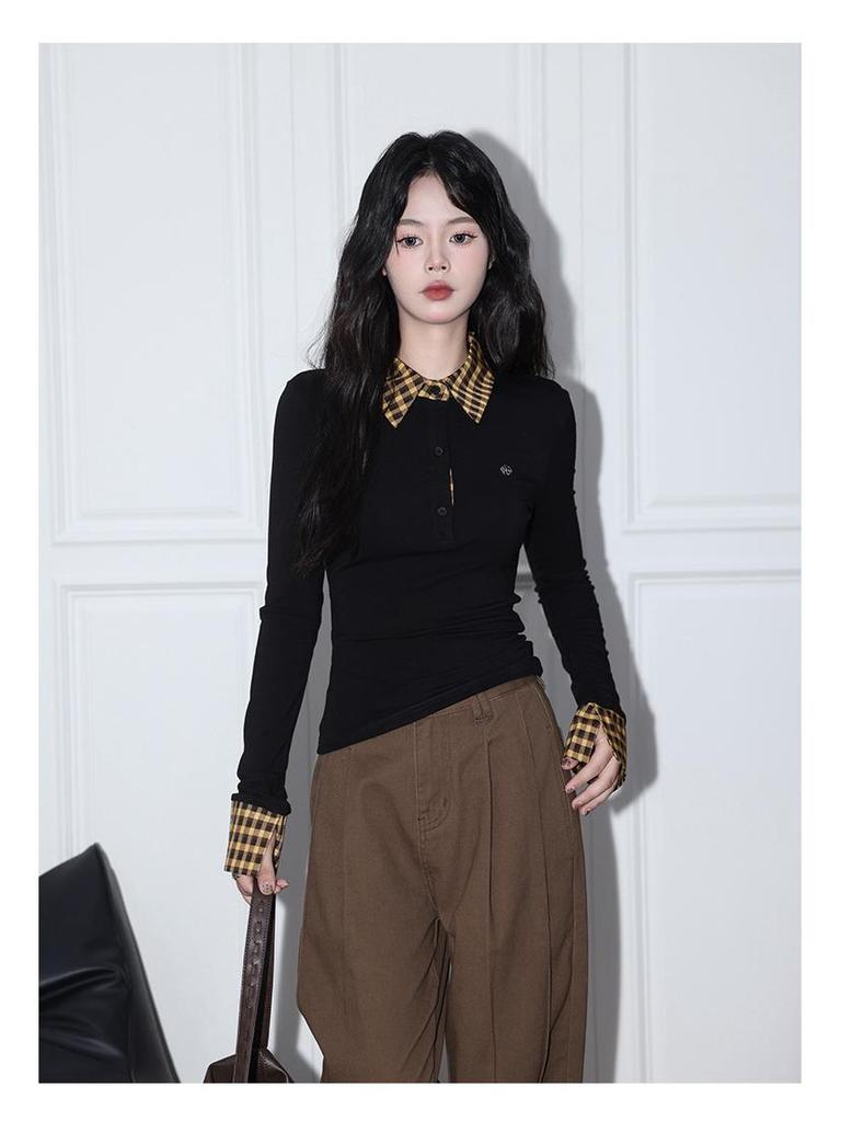 Haut d'automne pour femme à carreaux coupe slim fausse deux-pièces à manches longues et col polo