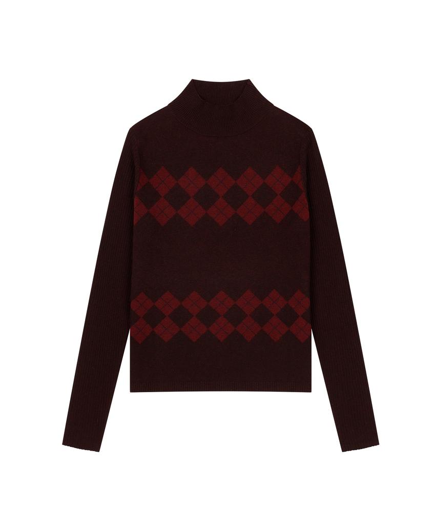 Ohesio Argyle Half Neck Ribbed Knit, Burgundy