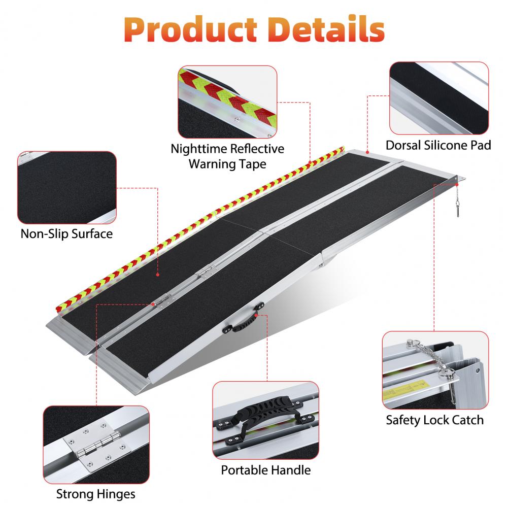 5/6FT Folding Wheelchair Ramp for Disabled Person, Home Steps Doorway Handicap Ramp, Aluminum Alloy Barrier Free Aid Hinge Ramp