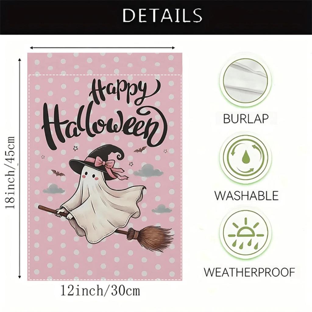1pc Pink Happy Halloween Garden Flag Lovely Ghost Print Suitable for Halloween Yard Outside Decoration No Flag Pole 12X18 Inch
