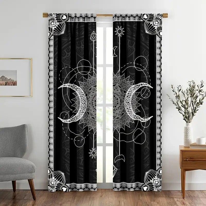 Graphic Sun Moon Starry Sky Printed Curtains, Rod Pocket Curtains Living Room Kitchen Office Decoration Curtains Home Decoration