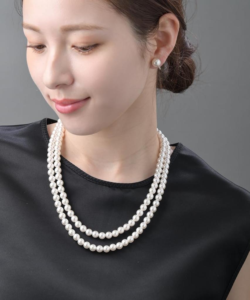 VINGTAINE Pearl Long Necklace, 8mm, Double Strand, Elegant, Simple, Casual, Adult, Ceremony, GraduationEntrance Ceremony, After-Party, Party, C3382-