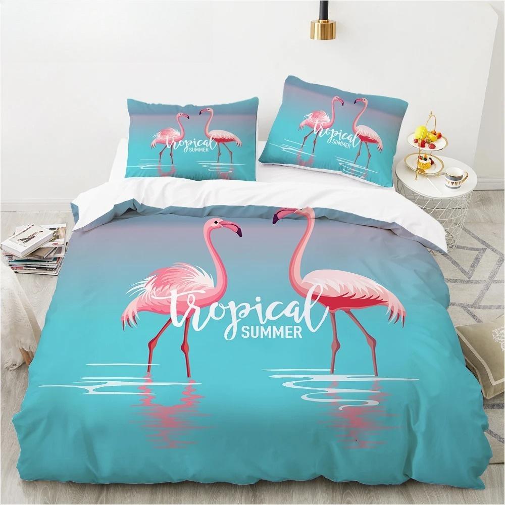 Animal Flamingo King Queen Duvet Cover Cartoon Pink Tropical Bird Bedding Set for Kids Teens Aduls Blue Soft 2/3pcs Quilt Cover