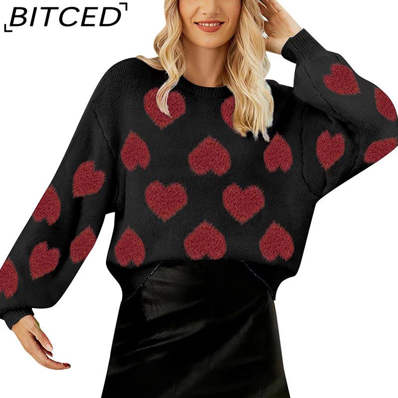 BITCED Bubble Sleeve Valentine's Pink Sweater Loose-Fit Sweet Heart-Patterned Cable-Knit Pullover