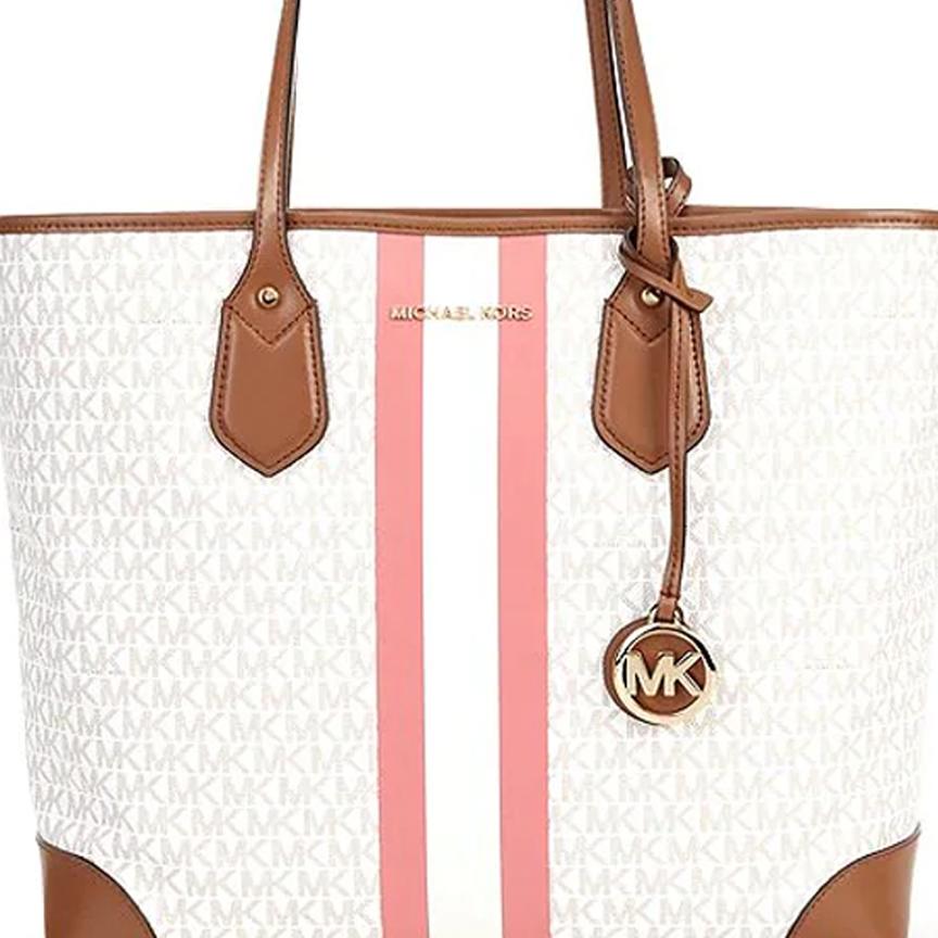 Michael Kors MK Eva Monogram Logo Stripe Color Block Canvas Tote Bag Women Tote Bags Vanilla-White Rose-Pink 30T9GV0T7B-986