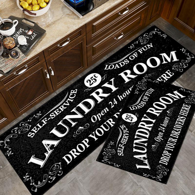 Retro Laundry Room Letter Printed Carpet Kitchen Non Slip Water Absorbing Floor Mat Wood Grain Floor Mat Home Decoration