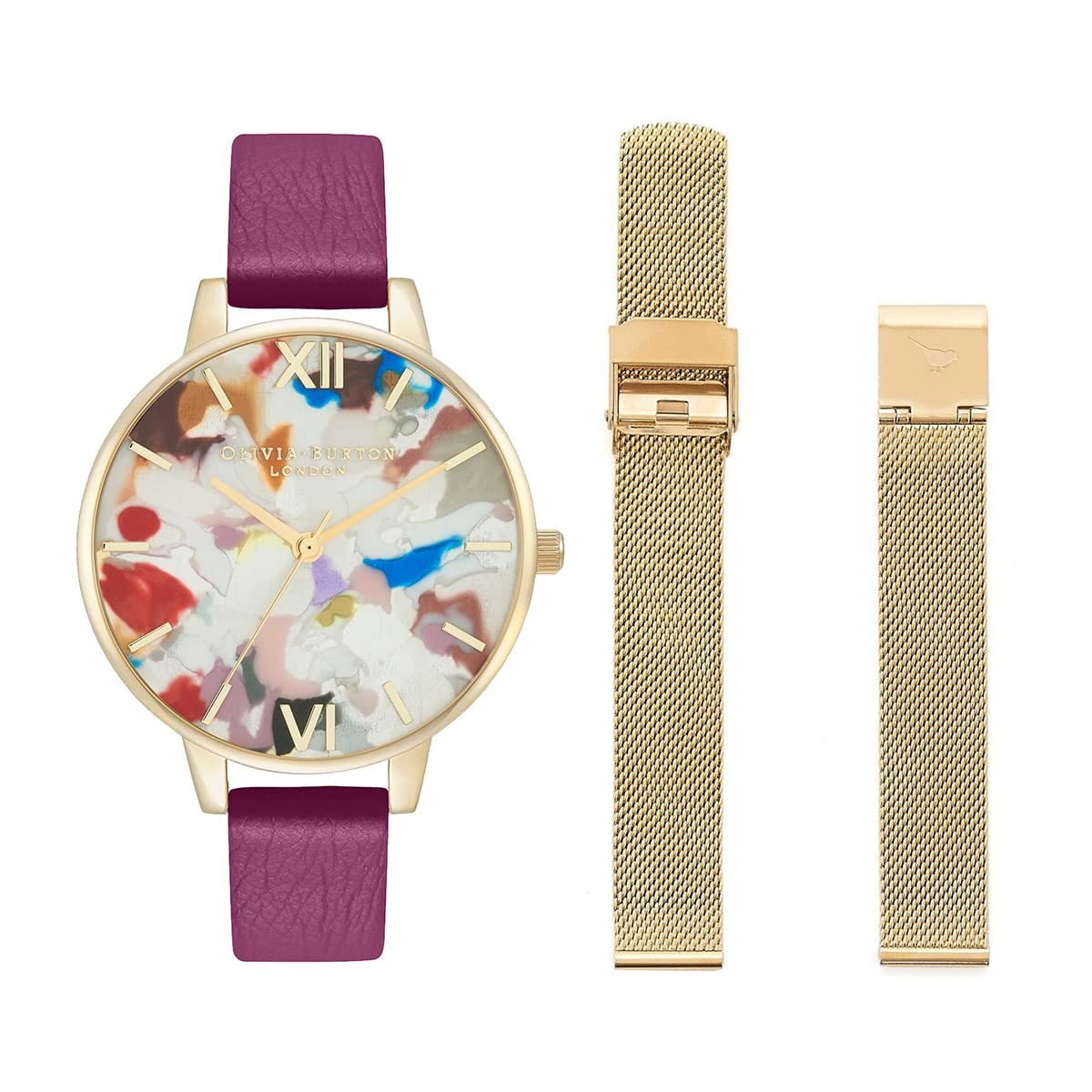 

Olivia Burton Pop Art Demi Eco Часы с циферблатом Конфетти, Орхидея, Бледно-золотистый сетчатый браслет, Набор ремешков, Женские &
