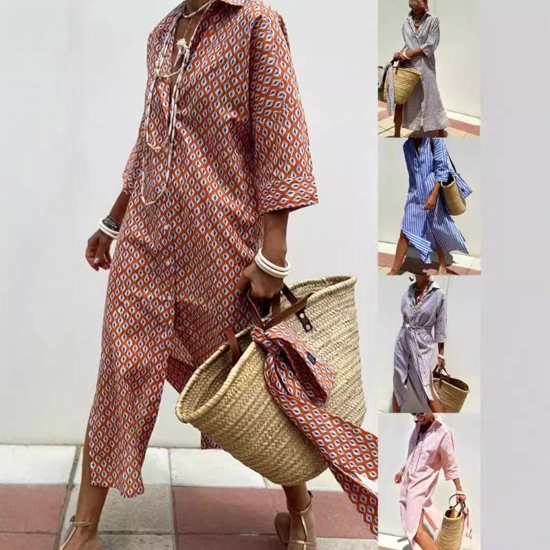 Wish Autumn Five-quarter Sleeve Striped Split Shirt Dress Women