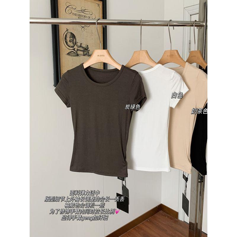 

Mulberry Silk Lyocell American Casual All-Match Short-Sleeved T-shirt Silm Figure Flattering round-Neck Blouse Black S